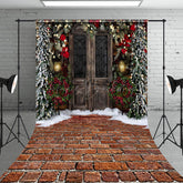 Lofaris Light Leaves Wood Door Brick Floor Xmas Backdrop